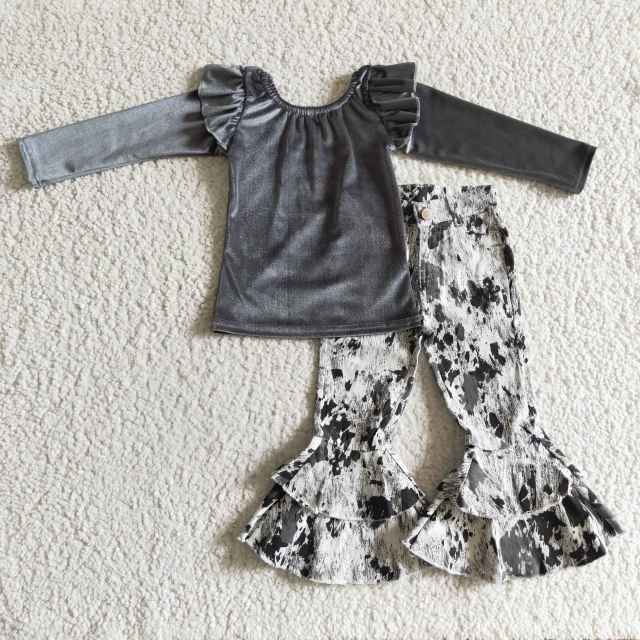 GT0063  Girls Grey Gold Velvet Long Sleeve Top and Jeans Outfit