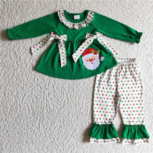 GLP0163 Christmas girl embroidery Santa Claus long sleeve shirt white dots green lace pants