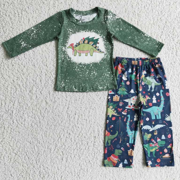 BLP0105 Boys Christmas Dinosaur Green Long Sleeve Pants Set