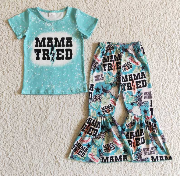 GSPO0211 Girls MAMA TRIED Blue Short Sleeve Pants Set