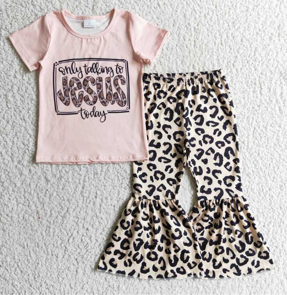 GSPO0226 Girls Jesus Pink Short Sleeve Leopard Pants Suit