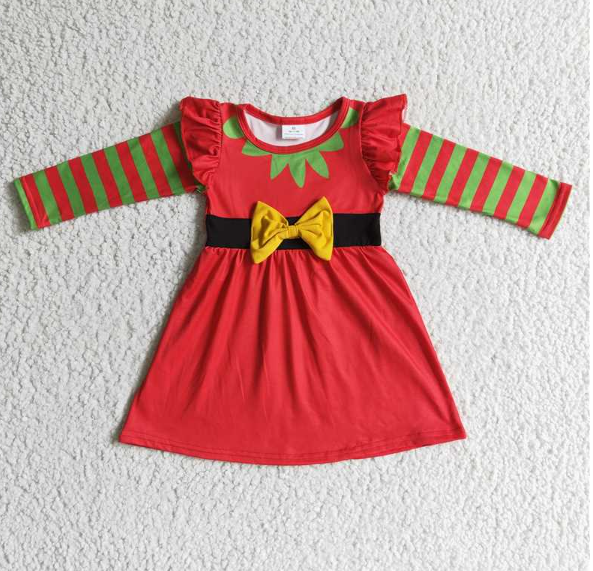 GLD0144 Girls Christmas Red Stripe Bow Long Sleeve Dress