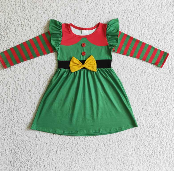 GLD0143 Girls Christmas Green Striped Bow Long Sleeve Dress