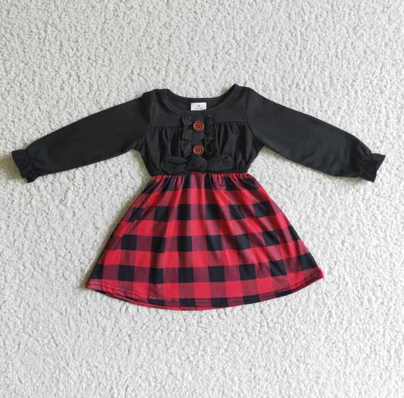 GLD0072 Black and Red Plaid Long Sleeve Dress