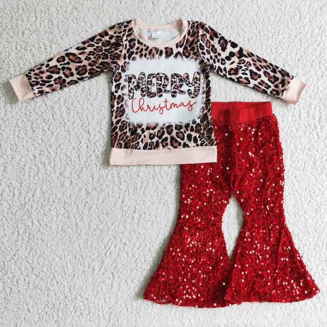 GT0060 Girls Christmas Pink Leopard Long Sleeve Top and  red Red Sequined Pants