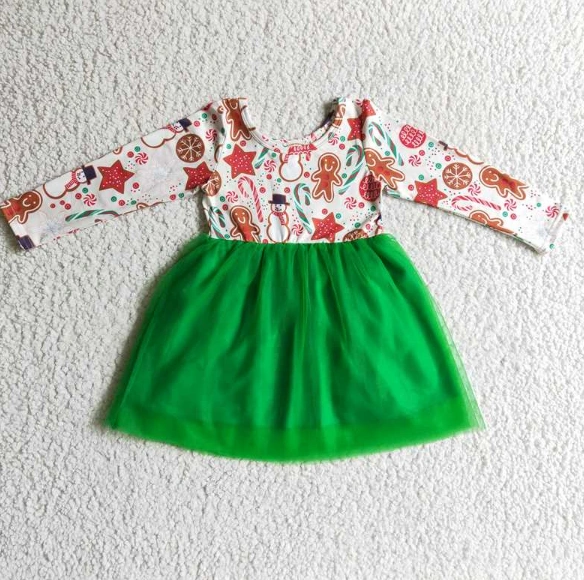 GLD0133 Girls Gingerbread Man Stars Green Long Sleeve Dress