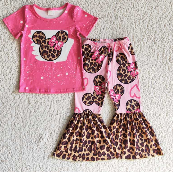 GSPO0225 Girls Leopard Print Rose Red Short-sleeved Trousers Suit