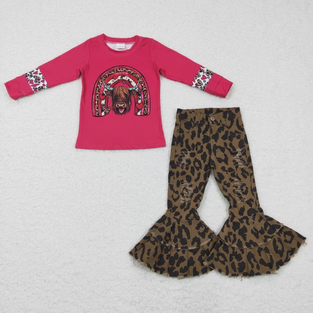 GT0078 Girls Rose Red Cow Pattern BOOTS Long Sleeve Top and  jeans set