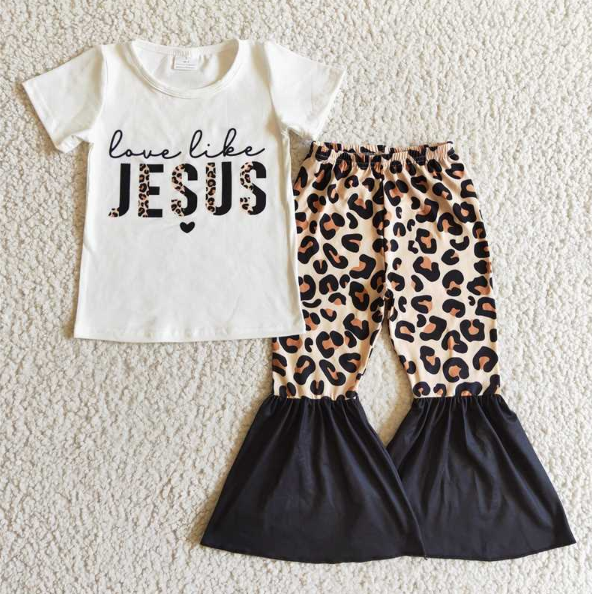 GSPO0243 Girls JESUS Leopard Print Short Sleeve Trousers Set