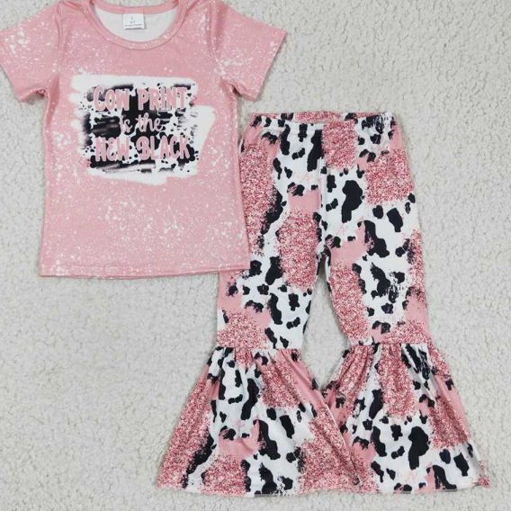 GSPO0223 Girls cow print pink cow pattern short-sleeved trousers suit