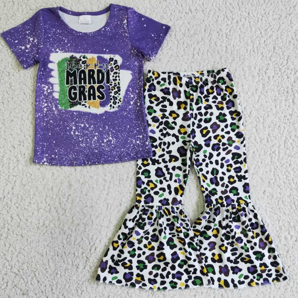 GSPO0221 MARDI GRAS PURPLE SHORT SLEEVE MULTICOLOR LEOPARD PANTS SET