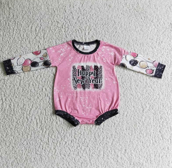 LR0184 Girls Happy New Year pink long-sleeved romper