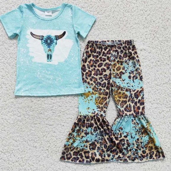 GSPO0248 Girls Blue Tau Short Sleeve Leopard Print Trousers Set