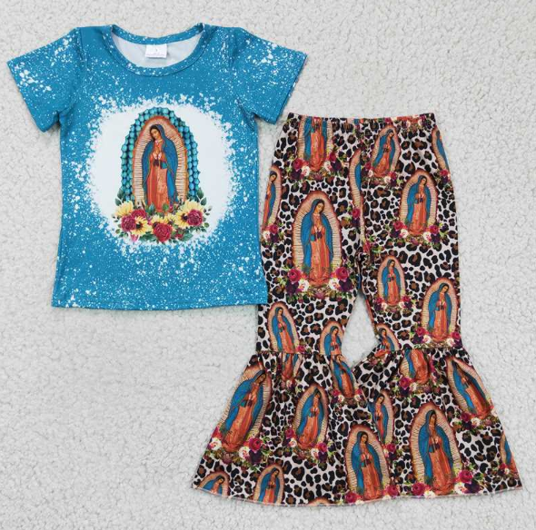 GSPO0272 Girls Virgin Mary Blue Short Sleeve Pants Set