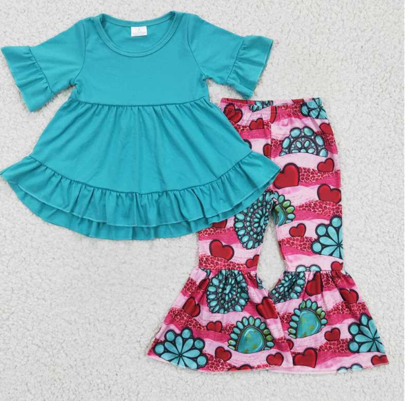 GSPO0237 Girls Heart Blue Gem Short Sleeve Trousers Set