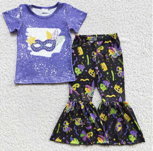 GSPO0220 Girls Carnival Mask Purple Short Sleeve Pant Set