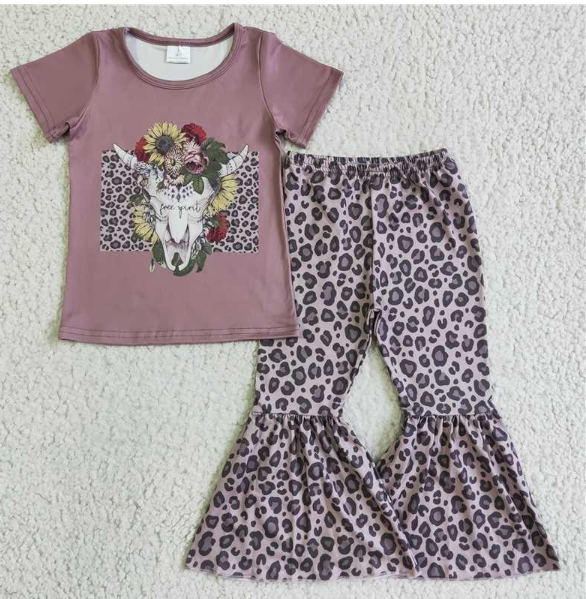 GSPO0152 Girls Bull Head Short Sleeve Leopard Print Trousers Set