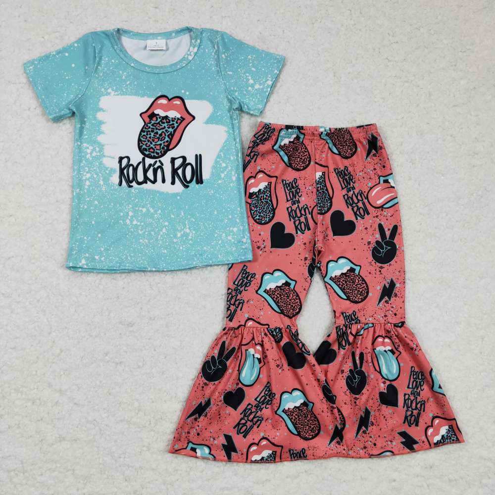 GSPO0255 Girls Rockn Roll Big Tongue Blue Short Sleeve Trousers set