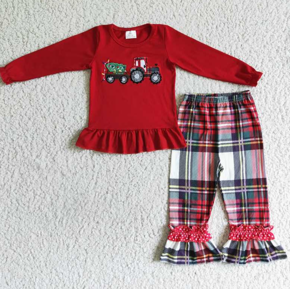 GLP0063 Girls Embroidered Car Red Plaid Long Sleeve Trousers Set