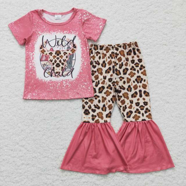 GSPO0254 Girls Leopard Print Bull Head Pink Short-Sleeved Trousers Suit