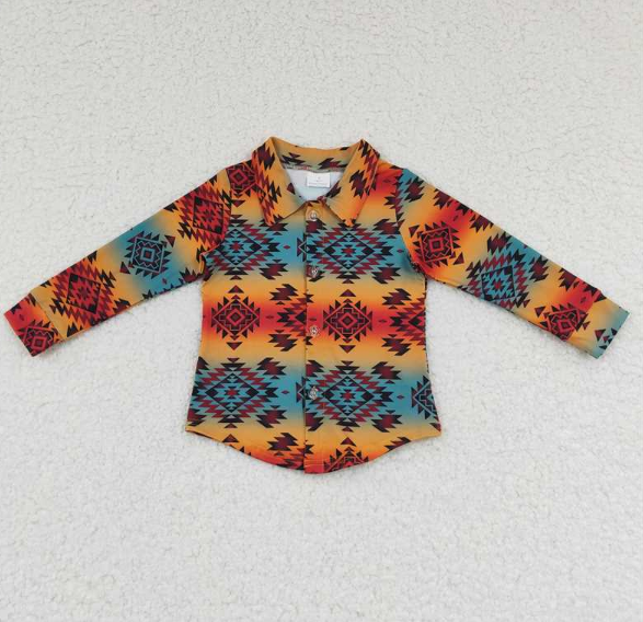 BT0129 Boys Geometric Pattern Red and Green Stripe Button Long Sleeve Top