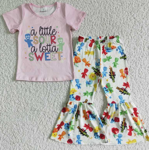 E9-11 sweet pink short-sleeved flared trouser suit