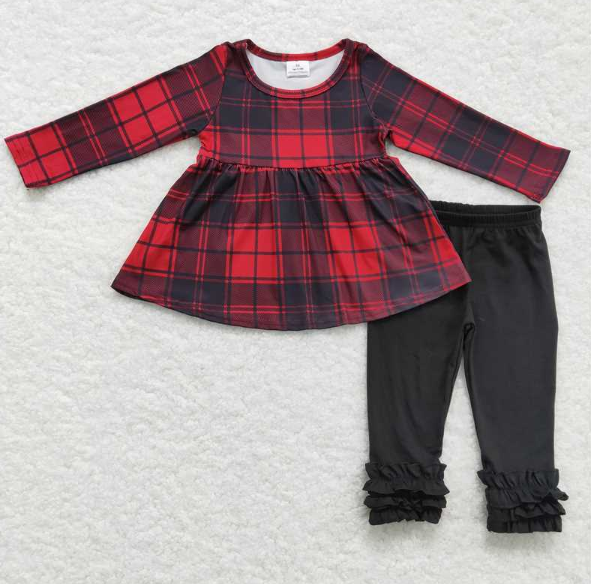 GLP0330 Girls red and black plaid long-sleeved black trouser suit