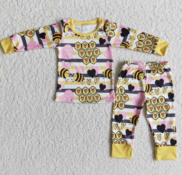 6 C10-36 Pink Love Bee Valentine's Day Long Sleeve Pants Pajama Set