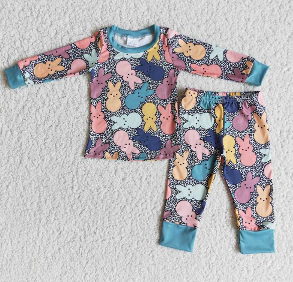 6 A29-4 Boys Easter Colorful Bunny Long Sleeve Pants Pajama Set