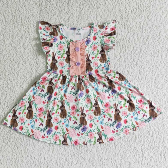 B11-30  Easter Bunny Print Flying Sleeve Dress