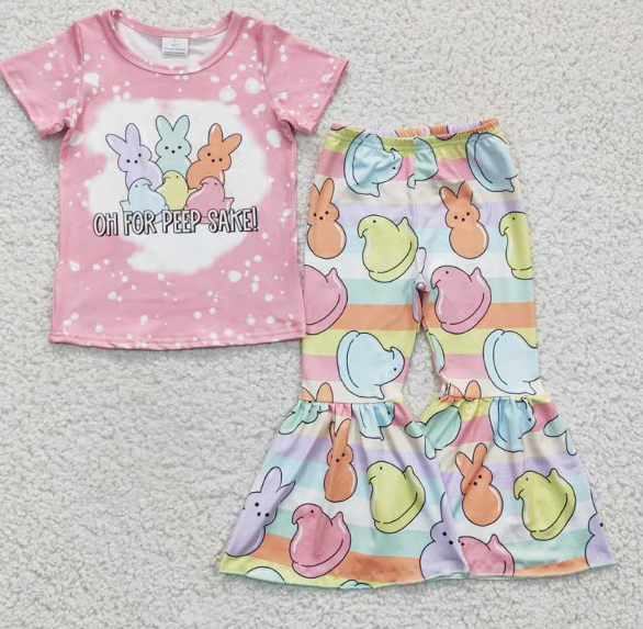 GSPO0435 Girls PEEP Color Rabbit Pink Short Sleeve pants sets