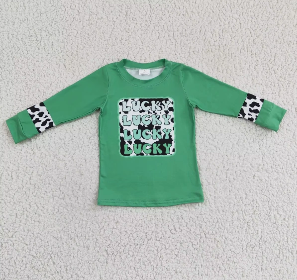 GT0081 Girls LUCKY green cow pattern long-sleeved top