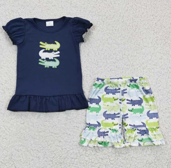 GSSO0159 Girls Embroidered Crocodile Navy Short Sleeve Shorts Set