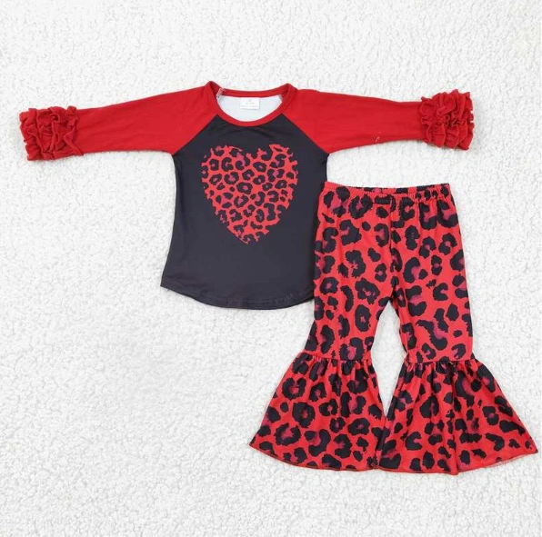 GLP0390 Girls Red Leopard Heart Long Sleeve Trousers Set