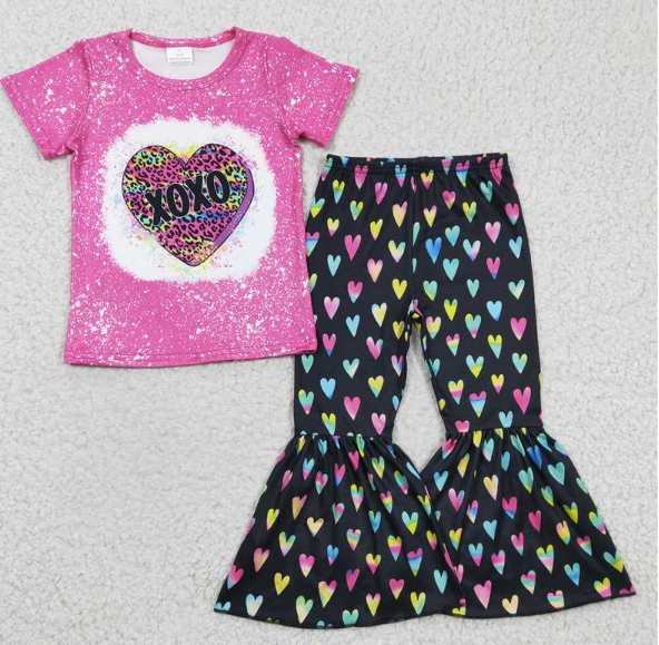 GSPO0379 Girls XOXO rose red leopard love short-sleeved trousers suit
