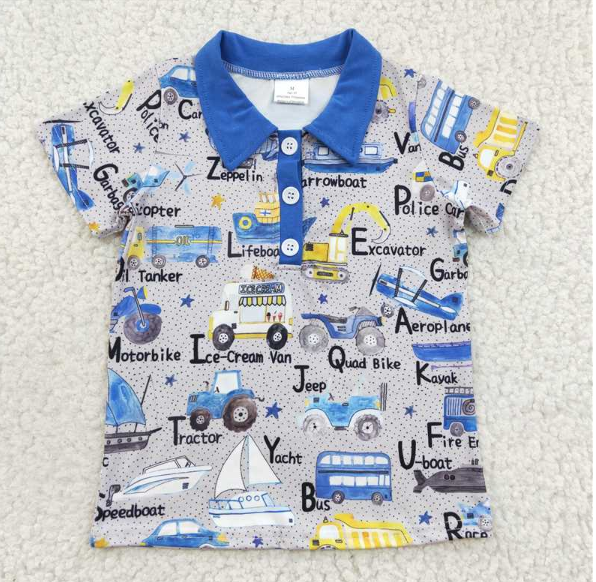 BT0135 Boys Excavator Helicopter Boat Short Sleeve Top