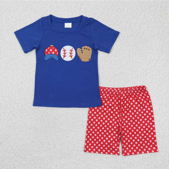 BSSO0098  Boys Embroidered Baseball Hat Blue Short Sleeve Shorts Set