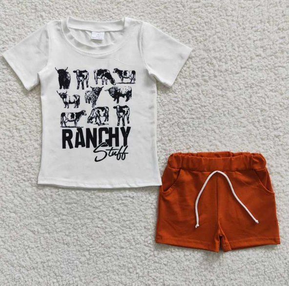 BSSO0191  Boys RANCHY Cow White Short Sleeve Brown Shorts Set