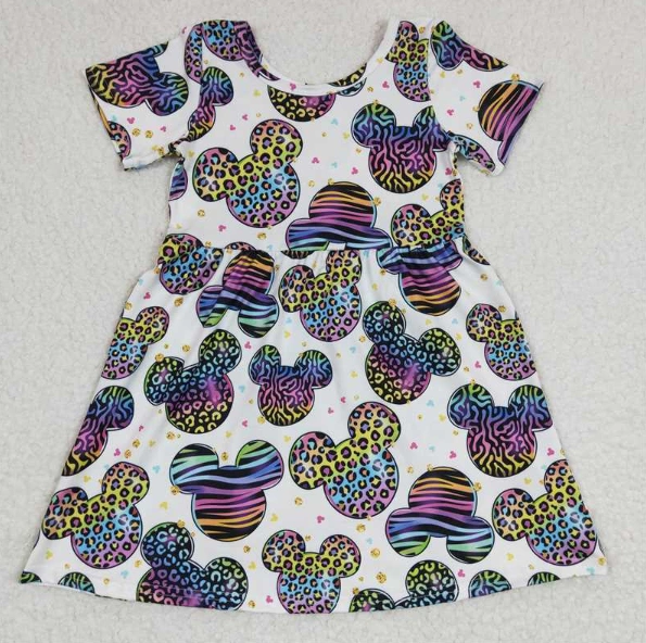 GSD0239 Girls Colorful Leopardy Head Short Sleeve Dress