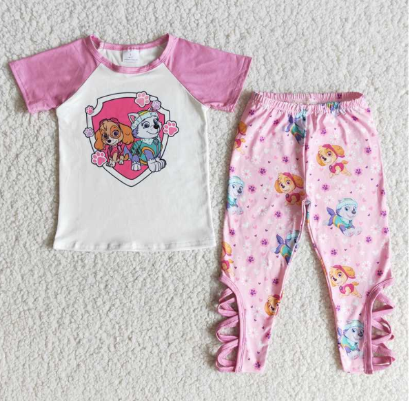 E6-29 Cartoon dog pink short-sleeved trousers suit
