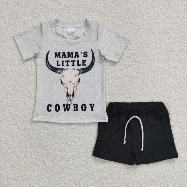BSSO0192  Boys RANCHY Cow White Short Sleeve Brown Shorts Set