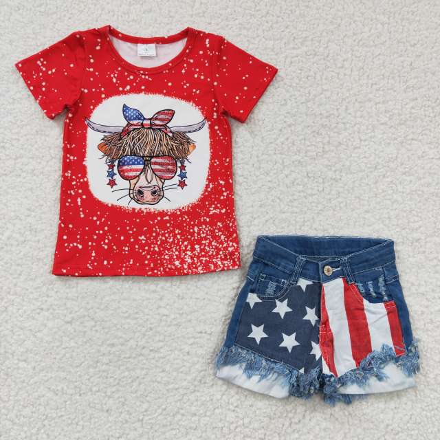 GT0114 Girls' National Day cow red short-sleeved top and  jeans shorts set