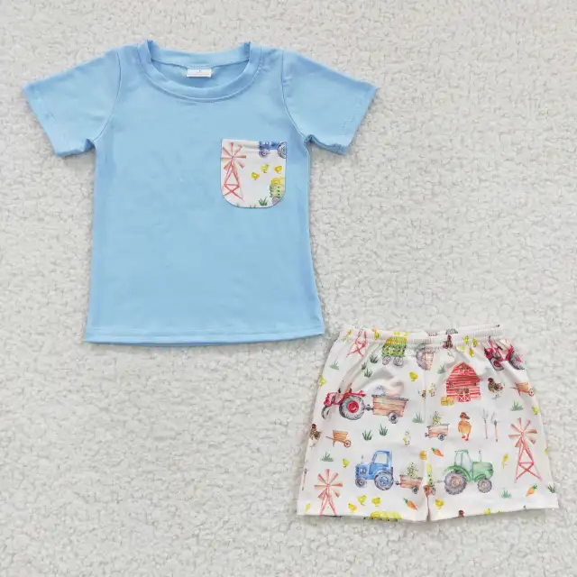 BSSO0142 Boys Farm House Blue Pocket Short Sleeve Shorts Set