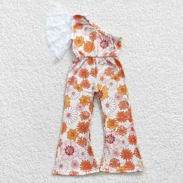 SR0211 Girls Orange Floral One Sleeve Bodysuit Jumpsuit