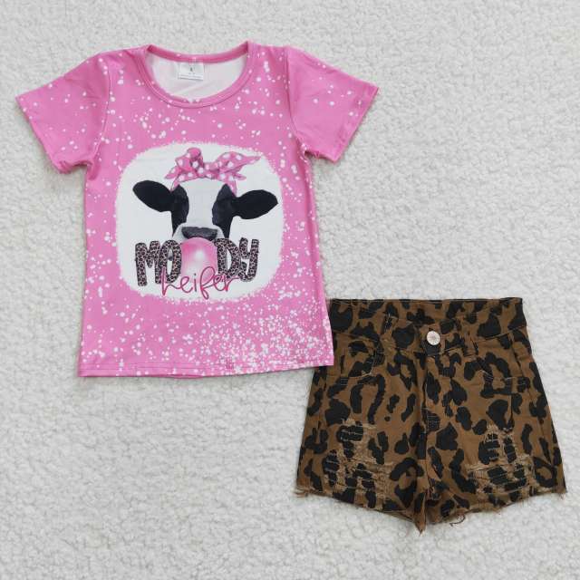 GT0128 B4-16 Pink Short Sleeve T-shirt Top And Leopard Denim Shorts set