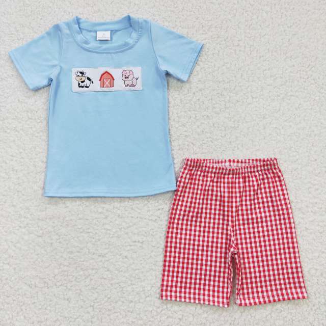 BSSO0181 Summer Boys Embroidered Cow Pig Blue Short Sleeve Shorts Set