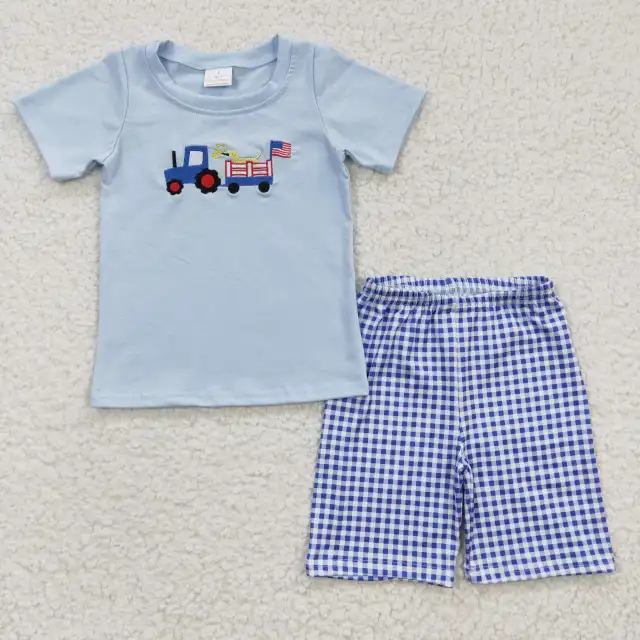 BSSO0195 Nationzl Day Boys Embroidered Dog Car Blue Short Sleeve Shorts Set