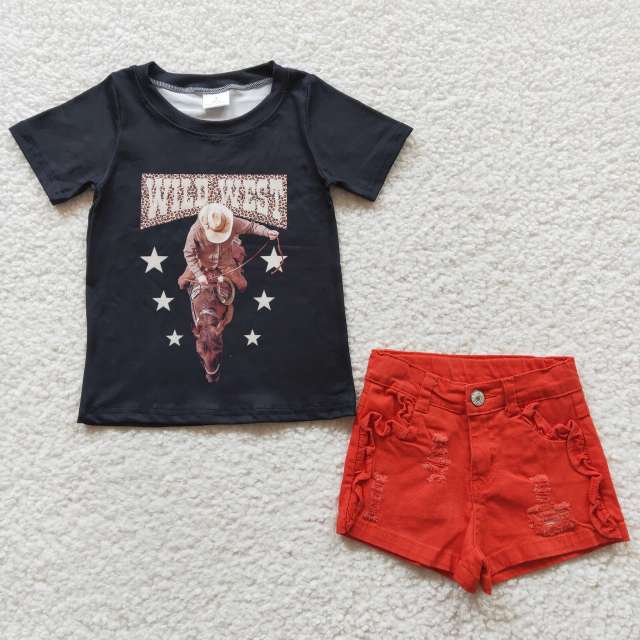 GT0152  SS0010 Girls ride horse black short-sleeved top and watermelon red jeans shorts set