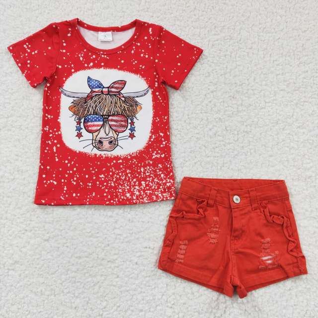 GT0114 SS0010 Girls' National Day cow red short-sleeved top and watermelon jeans shorts set