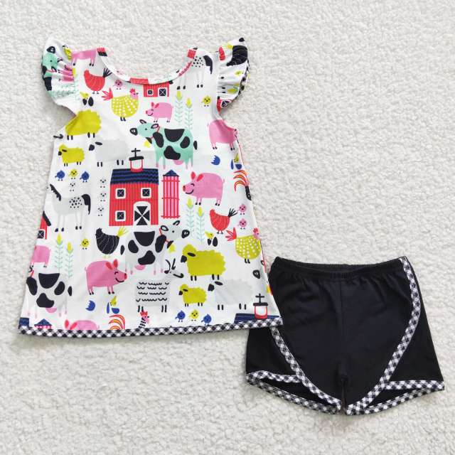 B11-4  girls short sleeve shorts flying sleeve two piece set